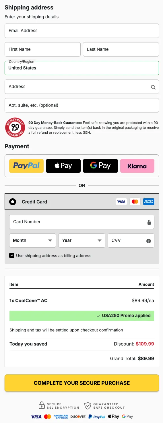 CoolCove AC checkout page